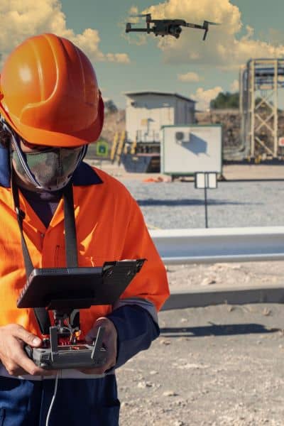 Licensed drone surveyor in safety vest and helmet operating a drone for boundary survey mapping on a property site 
