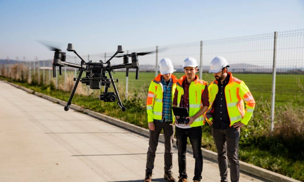 Drone surveyors in safety vests and helmets operating a drone to check boundary markers on a property 
