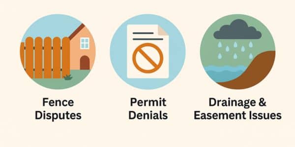 Infographic showing three risks of skipping a boundary survey in Tampa: fence disputes, permit denials, and drainage easement issues
