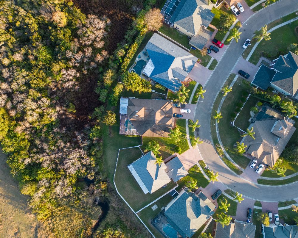 Aerial view of Florida homes near undeveloped land showing the importance of boundary surveys in no flood zones like Tampa.