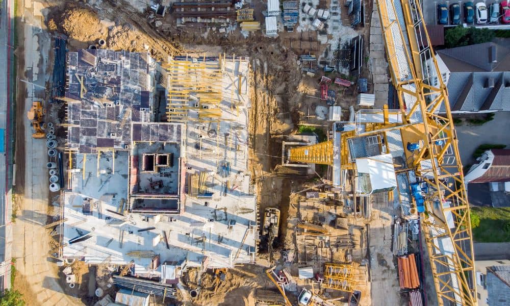 Aerial view of a redevelopment site where surveyors conduct an alta survey before new construction
