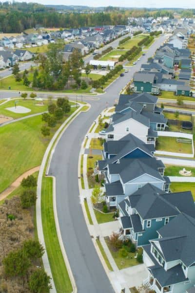 Aerial view of a residential subdivision captured through drone surveying