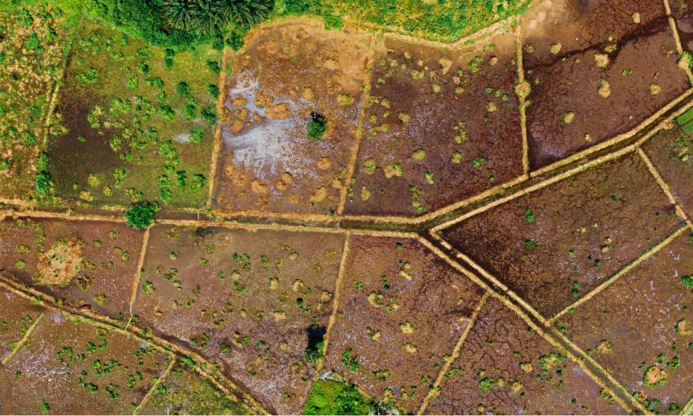 Aerial drone view of uneven land showing soil patterns and terrain changes that highlight the need for a due diligence survey