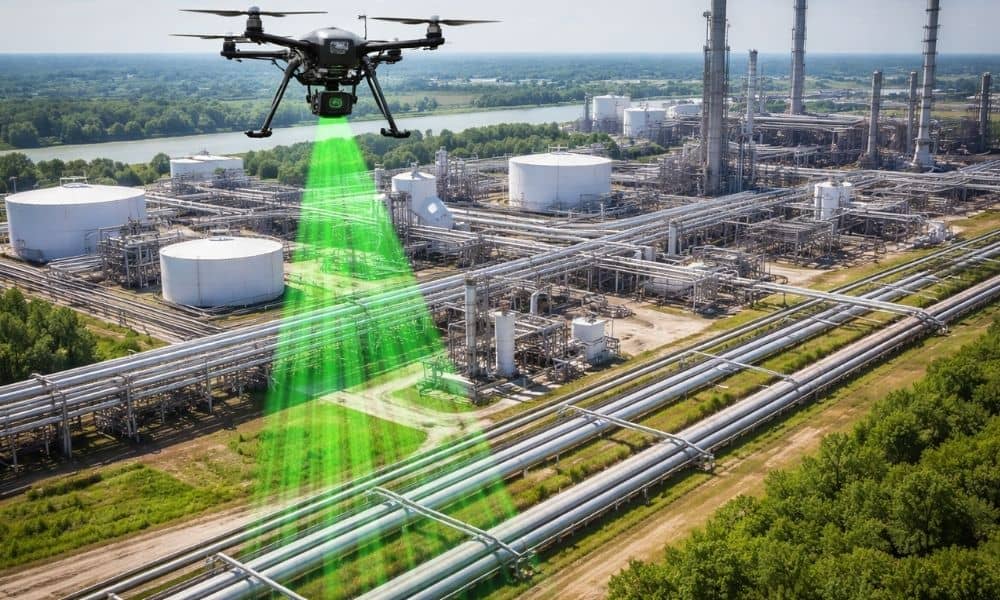 Aerial survey showing LiDAR mapping used to monitor methane emissions across large industrial infrastructure