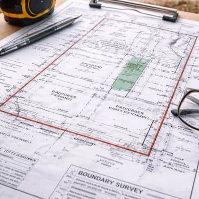 Boundary survey plan used by a commercial property surveyor to identify property lines and potential issues during due diligence