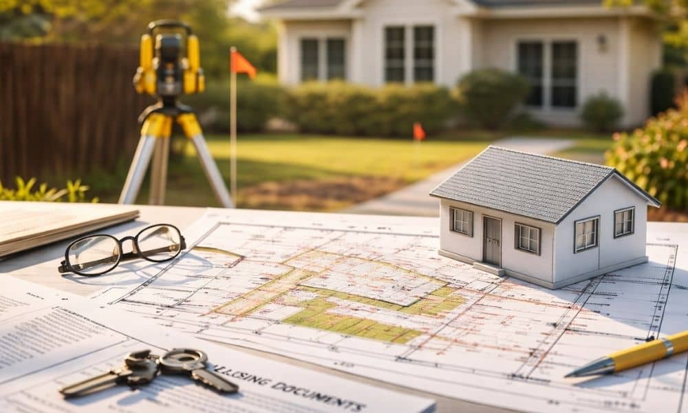 Loan closing survey documents showing property boundaries and improvements reviewed before a real estate closing