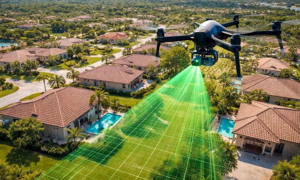 Drone performing lidar mapping survey over a residential neighborhood to measure ground elevation and terrain