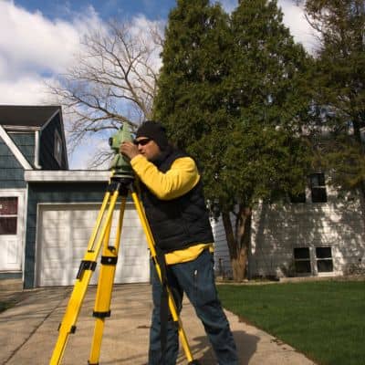 Surveyor measuring a residential property boundary to determine accurate home survey cost