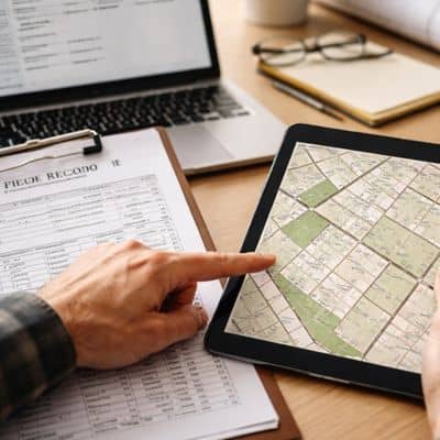 Reviewing property parcel records on tablet - ALTA SURVEY Tampa Property owner reviewing parcel records before contacting land survey companies near me