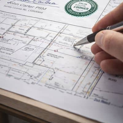 Signed and sealed survey document prepared by a licensed land surveyor showing official boundary and elevation details on a drafting table