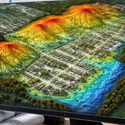Computer screen displaying lidar mapping elevation model used by a licensed land surveyor to analyze terrain and ground levels