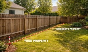 Backyard fence property boundary overlay - ALTA SURVEY Tampa Backyard fence with a visible boundary line showing how to find property lines before replacing a fence