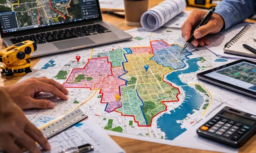 City district boundary map urban planning - ALTA SURVEY Tampa Urban planning map showing colored city district boundaries used in survey mapping for municipal planning