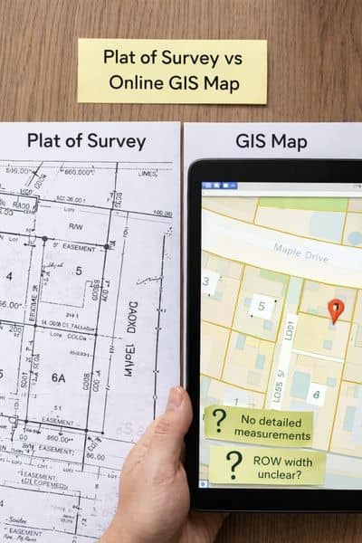Comparison of a plat of survey and an online GIS map showing differences in right of way and boundary detail