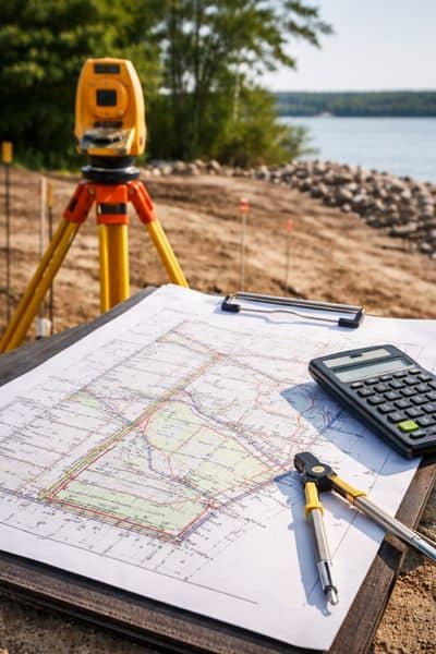 Survey map showing property boundaries and elevation details prepared by a licensed surveyor for permit review