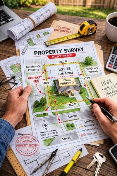 Person reviewing a property survey plat map to find property lines before building a fence
