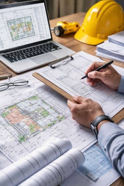 Reviewing property plans desk - ALTA SURVEY Tampa Reviewing property plans and permit records to understand land survey cost