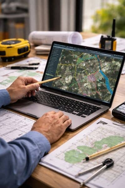 Surveyor reviewing digital city map data - ALTA SURVEY Tampa Surveyor analyzing geographic data on a tablet used in survey mapping for city planning and district boundary analysis