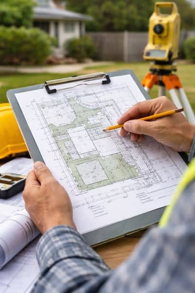 Residential surveyor reviewing a property survey map to identify easements before construction