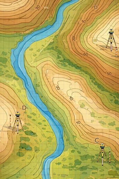 Topographic survey showing contour lines and elevation changes used to understand land shape and water flow