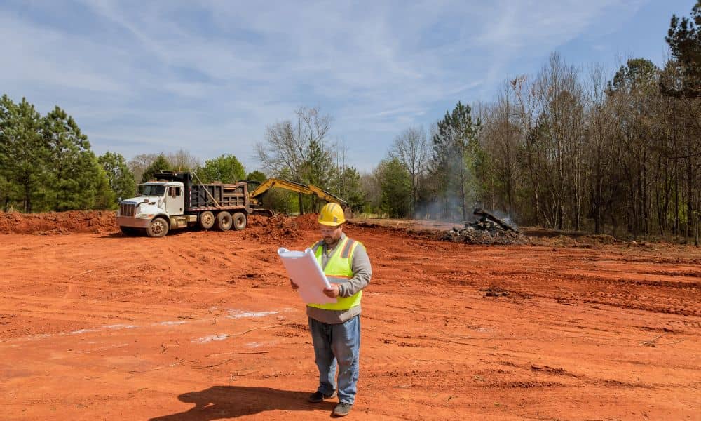 Construction site engineer reviewing plans on a grading site to help guide a project where a local surveyor would typically verify site conditions before permitting