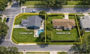 Corner lot vs interior property aerial view - ALTA SURVEY Tampa Aerial view of a corner property and interior lot showing how boundary survey price can vary based on frontage and layout