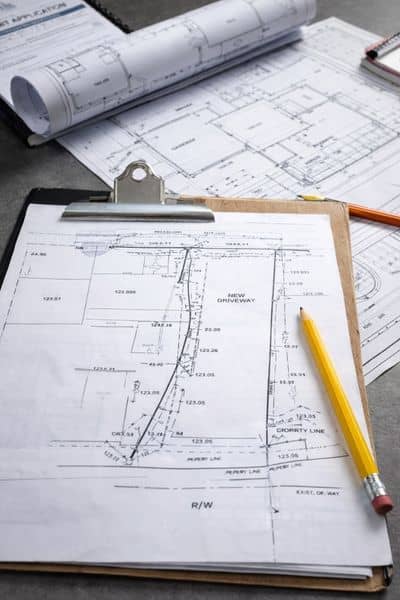 Land surveying plan showing driveway layout, measurements, and property boundaries for permit approval