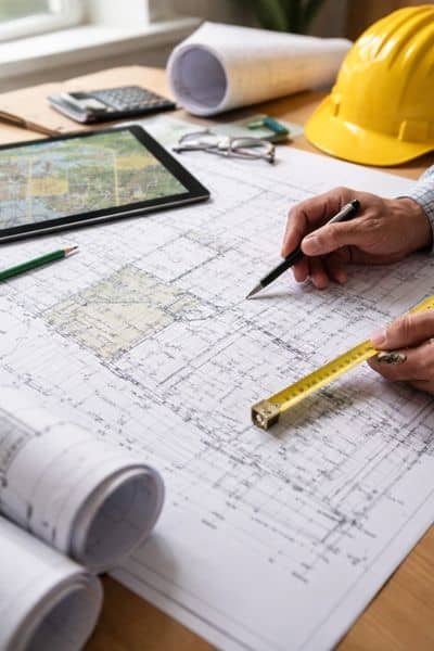 Civil engineer reviewing detailed site plans and blueprints at a desk to prepare accurate project details similar to what a local surveyor would verify before permitting