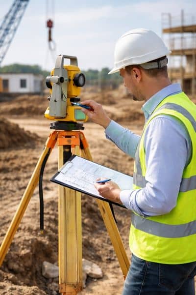 Commercial property surveyor measuring site layout to check if plans will fit
