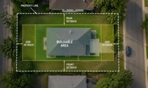 Aerial view of a narrow residential lot showing boundaries, setbacks, and buildable space from a property line survey