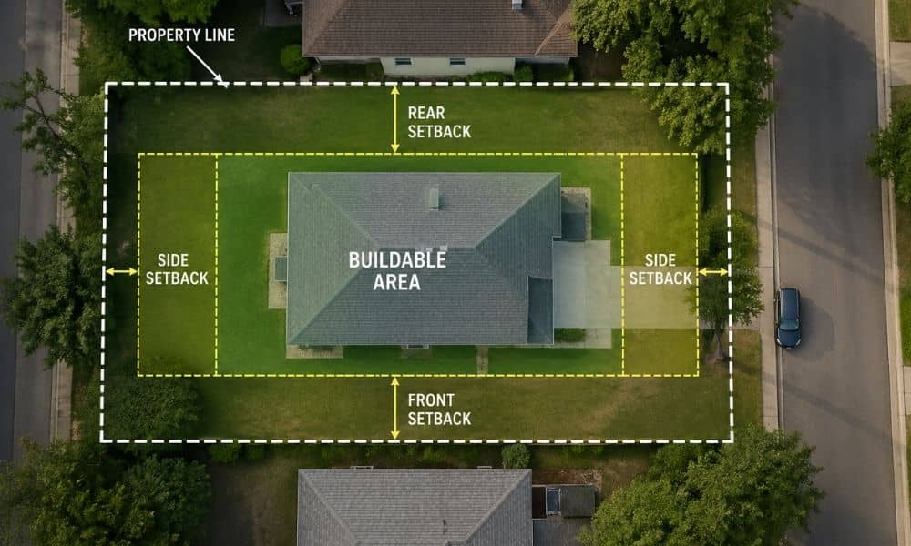 Aerial view of a narrow residential lot showing boundaries, setbacks, and buildable space from a property line survey