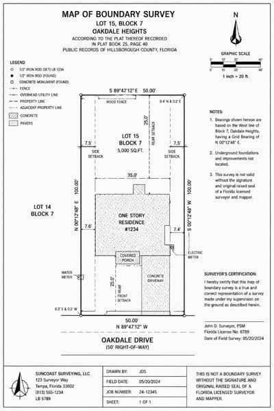 Survey drawing of a residential lot showing property boundaries, measurements, and structures based on a property line survey