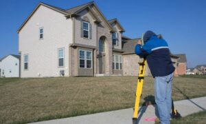 Residential surveyor measuring property driveway - ALTA SURVEY Tampa Land surveying in a residential area to check driveway placement and property boundaries