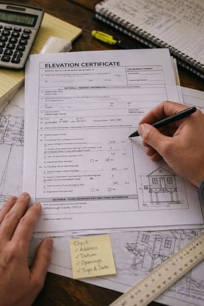 Close-up of a person reviewing an elevation certificate to check if the information is still accurate