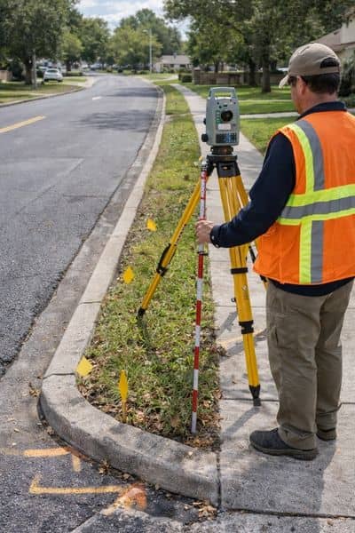 Land surveyor measuring property near a sidewalk and curb, showing how boundary survey price can increase when working near street frontage and right of way