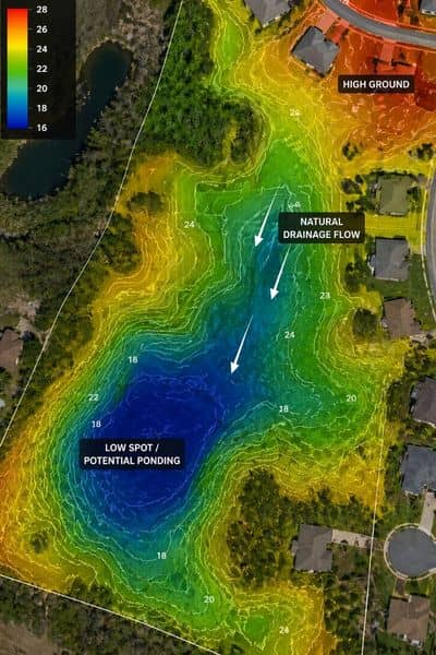 LiDAR mapping showing elevation changes and water flow patterns across a flat property to identify drainage issues