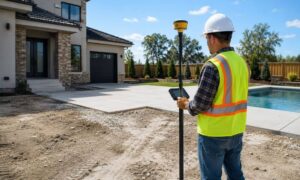 Land surveyor documenting a completed residential property with finished driveway, landscaping, and site improvements after construction