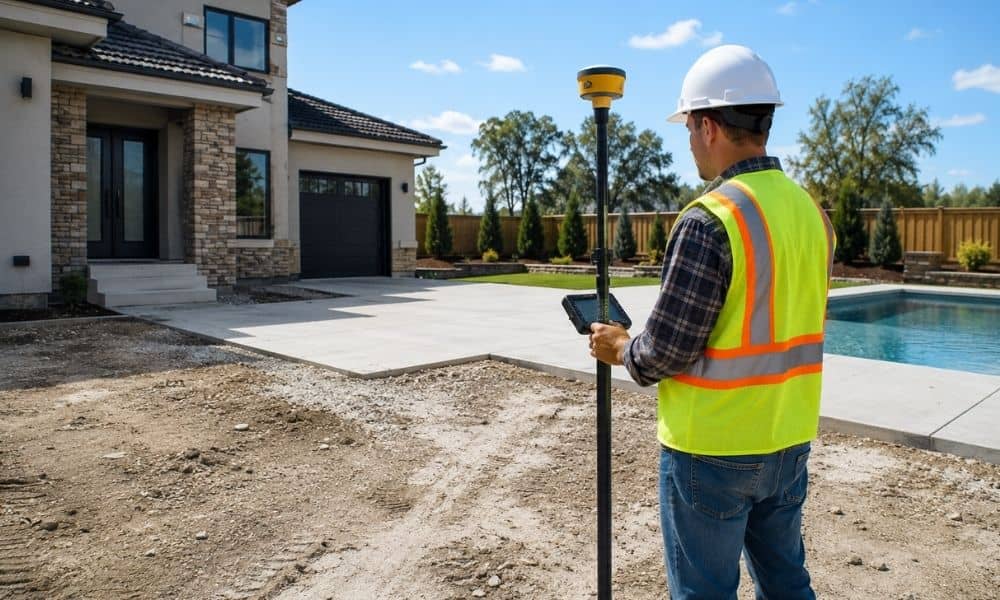 As built survey completed property site review - ALTA SURVEY Tampa Land surveyor documenting a completed residential property with finished driveway, landscaping, and site improvements after construction